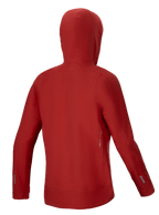 Alpinestars Stella A-Dura Elite Waterproof Jacket, Women's Mountain Biking Rain Shell, Red Fluo, back view showing helmet-compatible hood and 3L ripstop stretch membrane construction