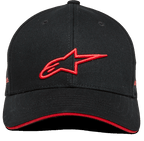 Alpinestars Rostrum Hat, Curved Bill Snapback Cap, Black and Red, 3D embroidered red A-star logo on the front, red sandwich bill edge, structured crown, twill fabric, casual motorsport headwear