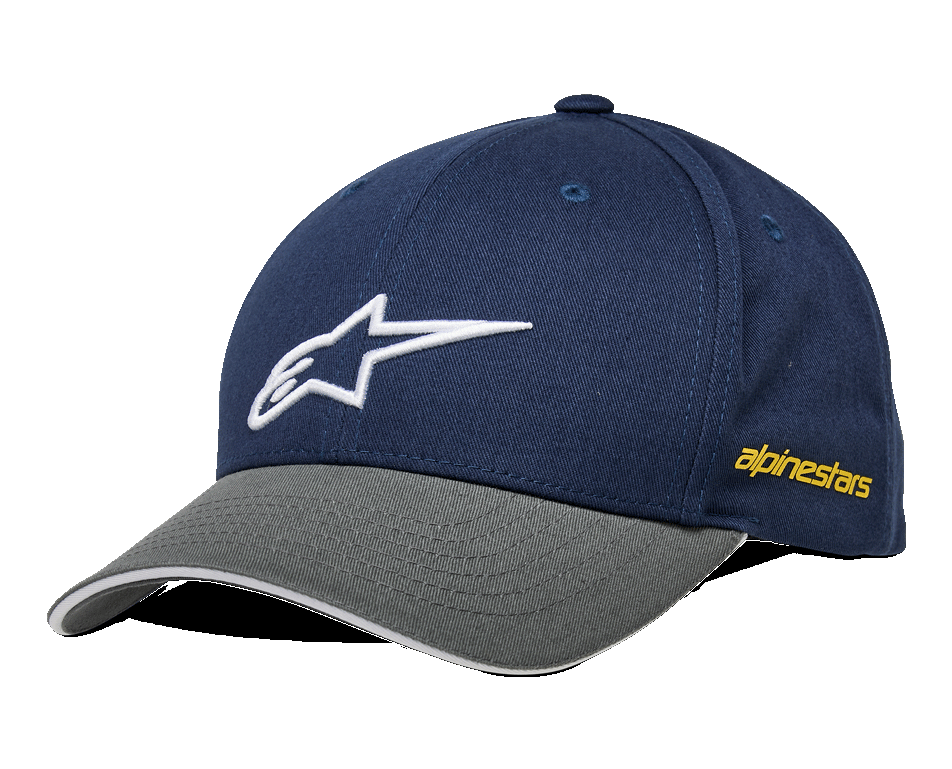 Alpinestars Rostrum Hat, Baseball Cap, Navy Blue and Grey, White Embroidered Star Logo, Yellow Side Branding, Curved Bill, Casual Motorsport Streetwear