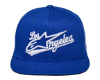 Alpinestars Los Angeles Hat, Blue Snapback Cap, White 3D embroidery with athletic 'Los Angeles' font and Ageless logo, structured crown, flat bill, casual sportswear streetwear.