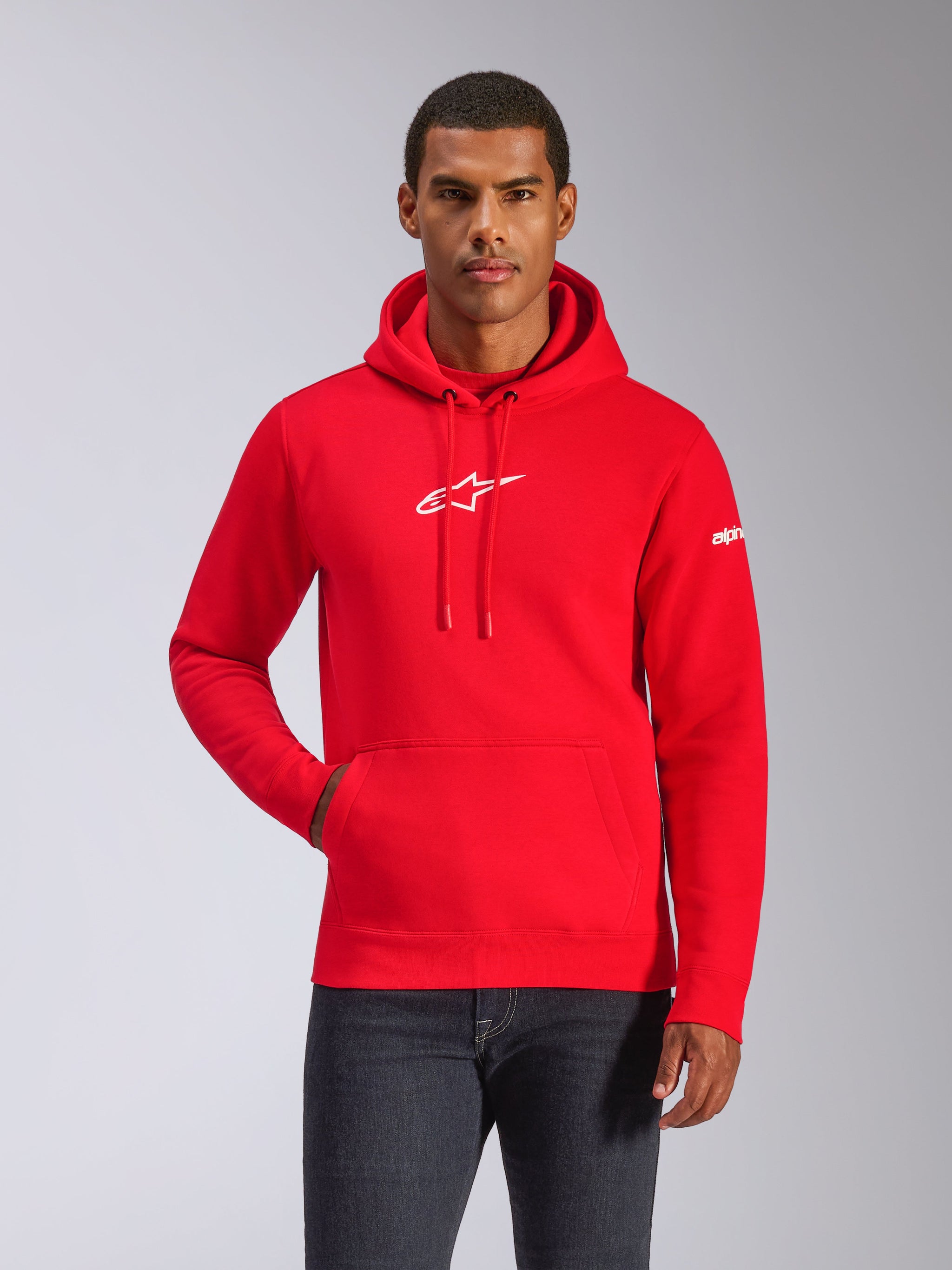 Alpinestars Frontal Hoodie, Red, pullover fleece hoodie with white chest logo and sleeve wordmark, features a kangaroo pocket and drawstring hood, casual motorsport-inspired streetwear