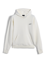 Alpinestars Essentials Ageless Hoodie, casual streetwear, off-white with small black Astar logo on the chest, kangaroo pocket, long sleeves, minimalist motorsport-inspired design