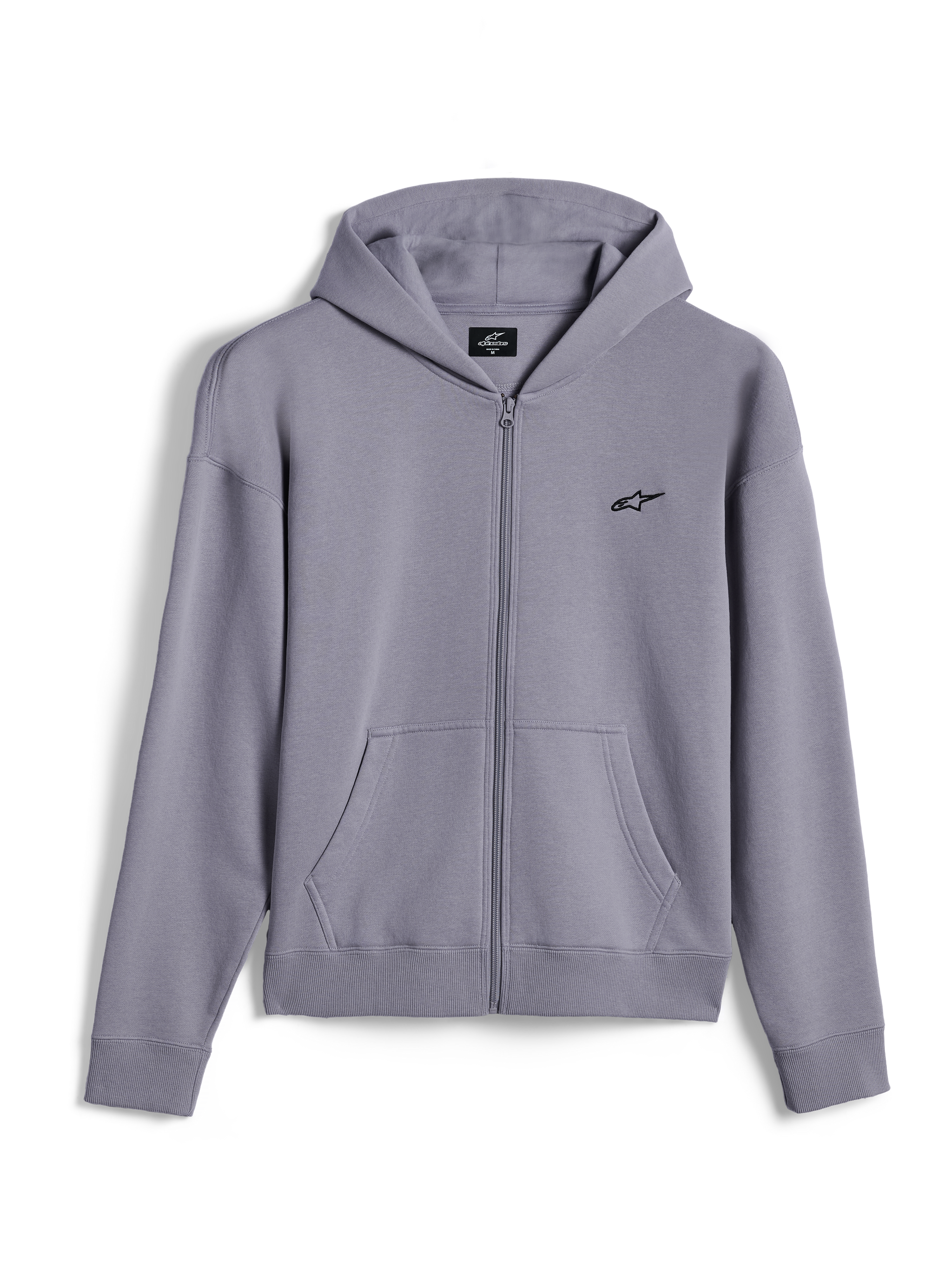 Alpinestars Essentials Ageless Zip Hoodie, casual streetwear, Silver, small black Alpinestars logo on the chest, full-zip front with kangaroo pockets, ribbed cuffs and hem, minimalist motorsport-inspired design