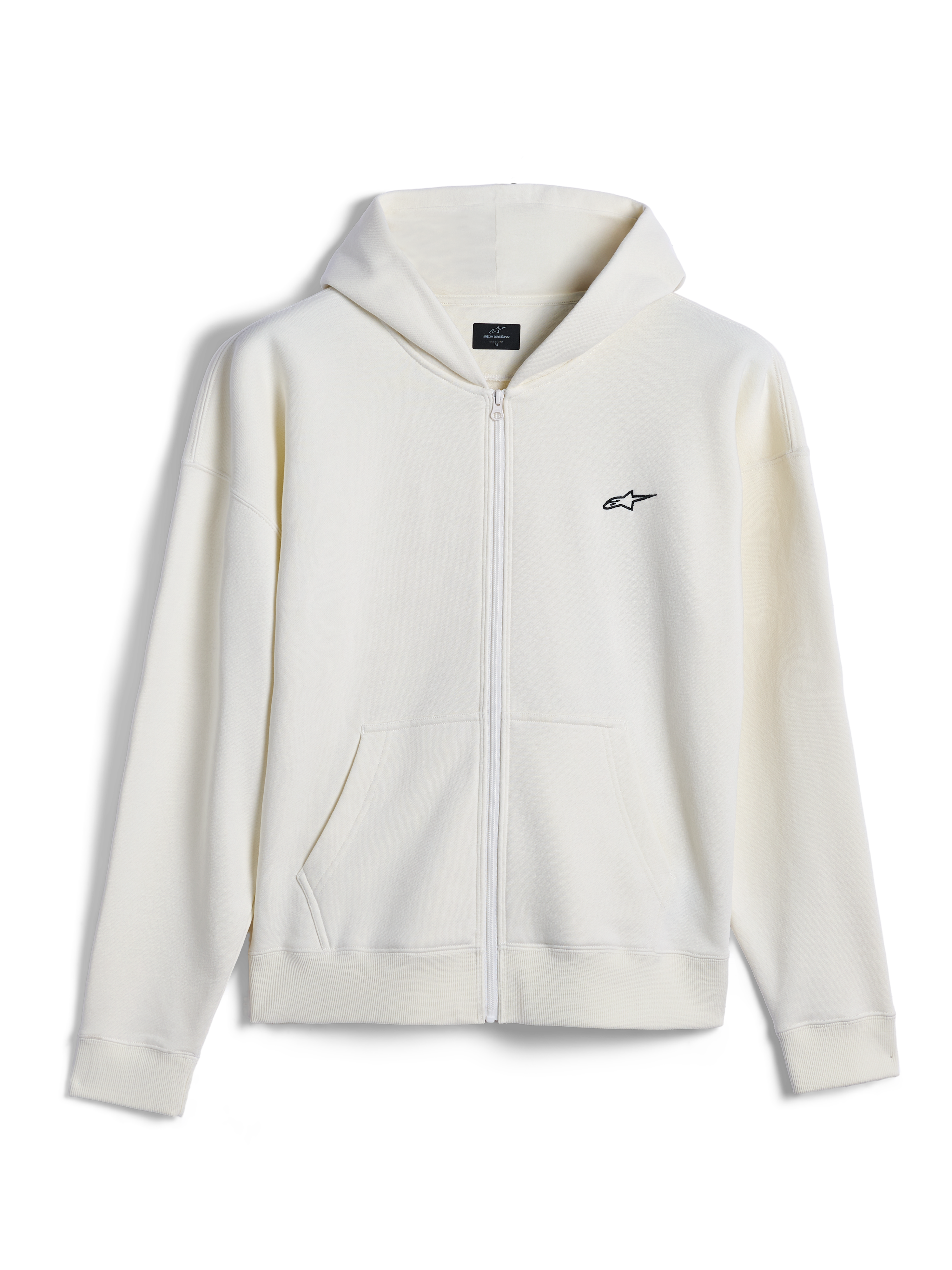 Alpinestars Essentials Ageless Zip Hoodie, casual streetwear, off-white with small black Alpinestars logo, full-zip front, split kangaroo pocket, relaxed fit, premium compact fleece design