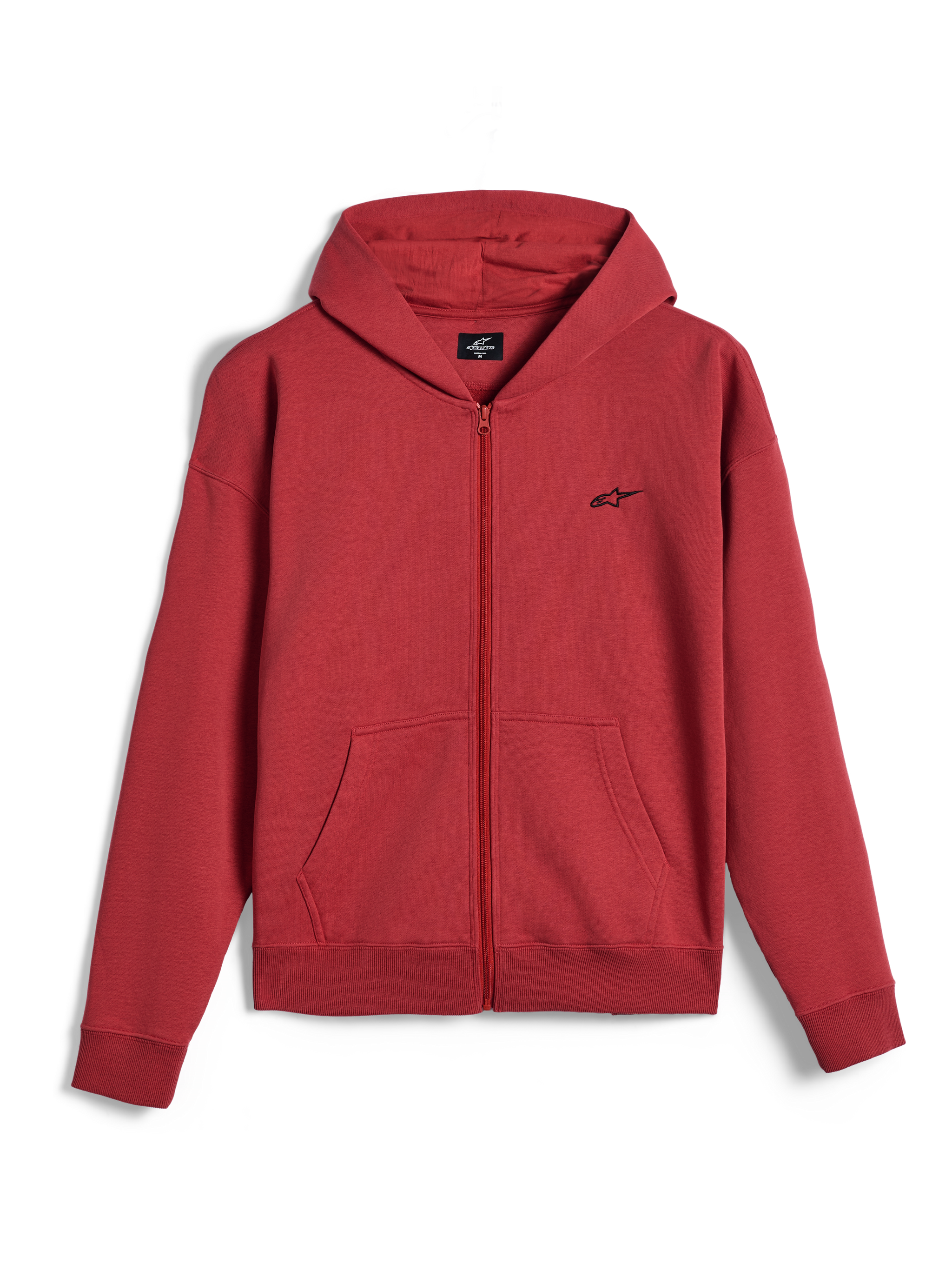Alpinestars Essentials Ageless Zip Hoodie, Full-Zip Hoodie, Brick Red, Small Black Alpinestars Logo on the Chest, Casual Motorsport Streetwear, Ribbed Cuffs and Hem