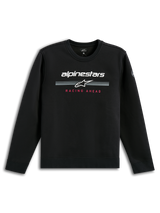 Alpinestars Bettern Crew, black crewneck sweatshirt, white Alpinestars wordmark with grey racing stripes, red 'Racing Ahead' text, casual motorsport streetwear