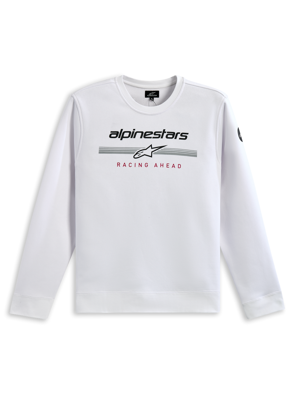 Alpinestars Bettern Crew Sweatshirt, White, featuring black Alpinestars branding, grey racing stripes with a white star logo, and red 'RACING AHEAD' print, casual motorsport-inspired streetwear