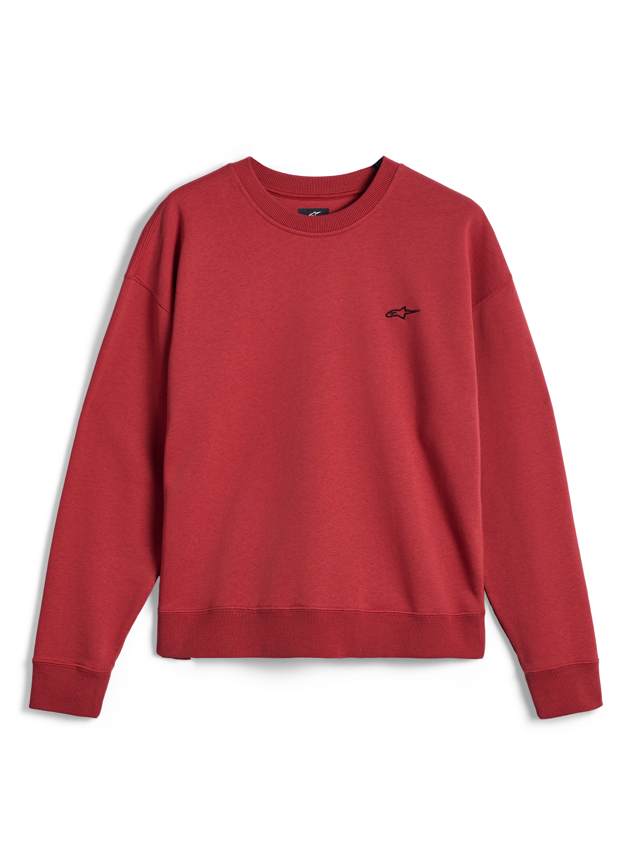 Alpinestars Essentials Ageless Crew, crewneck sweatshirt in Brick red, featuring a small black Alpinestars logo on the chest, ribbed collar, cuffs, and hem, casual premium sportswear fleece.