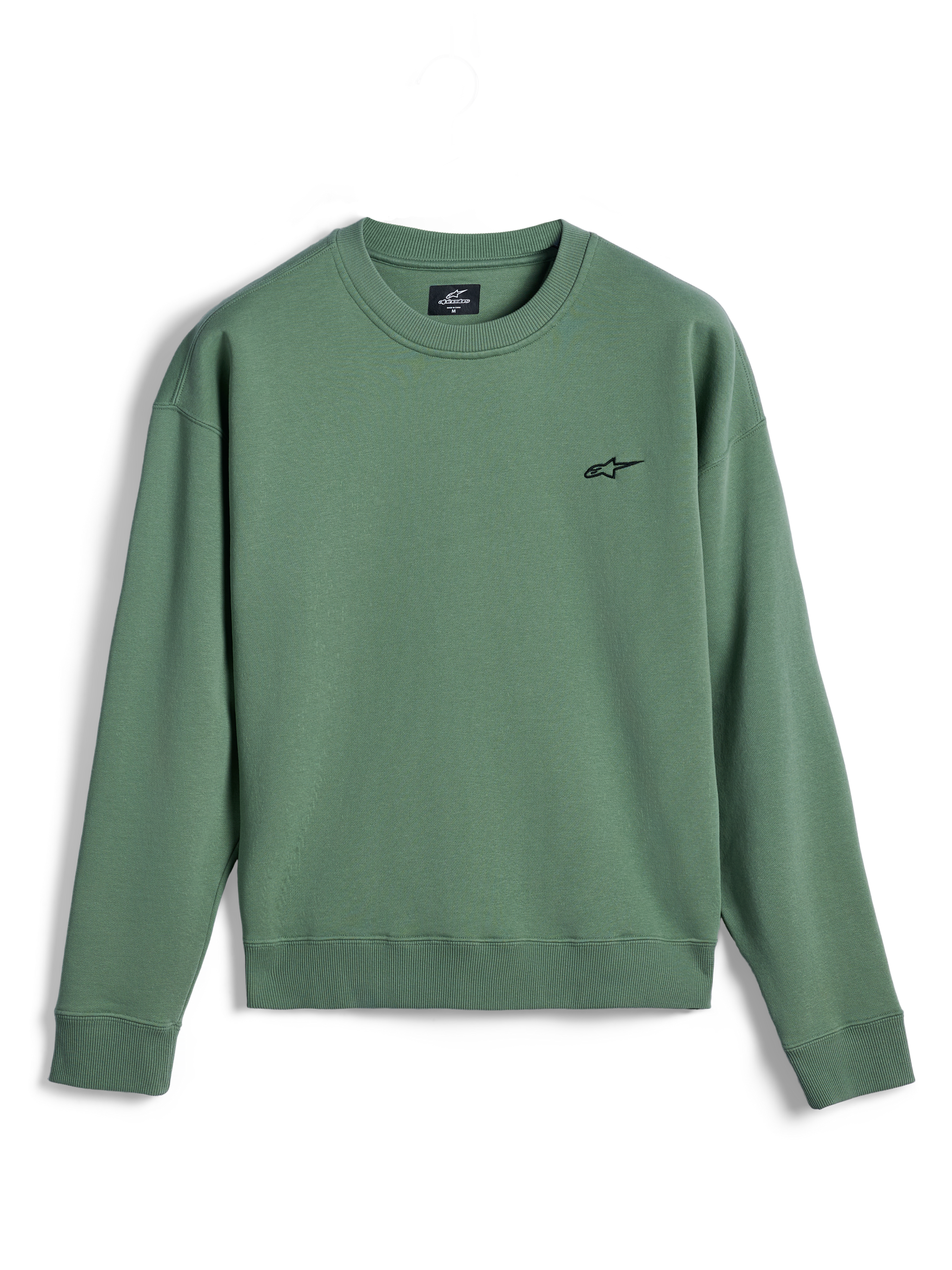 Alpinestars Essentials Ageless Crew, Crewneck Sweatshirt, Cactus Green, small black Astar logo on the chest, ribbed collar, cuffs and hem, premium fleece, casual off-bike sportswear