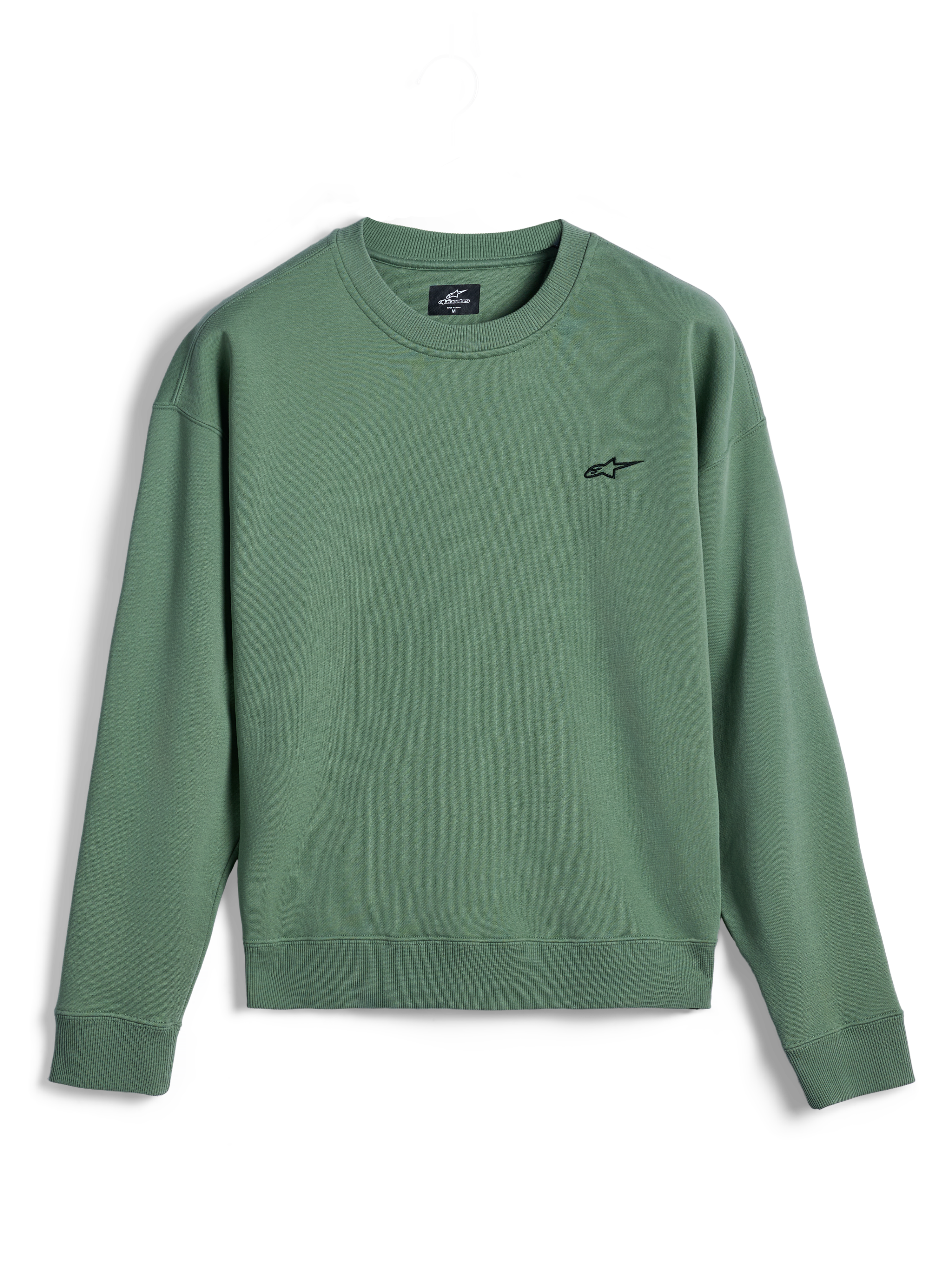 Alpinestars Essentials Ageless Crew, Crewneck Sweatshirt, Cactus Green, small black Astar logo on the chest, ribbed collar, cuffs and hem, premium fleece, casual off-bike sportswear
