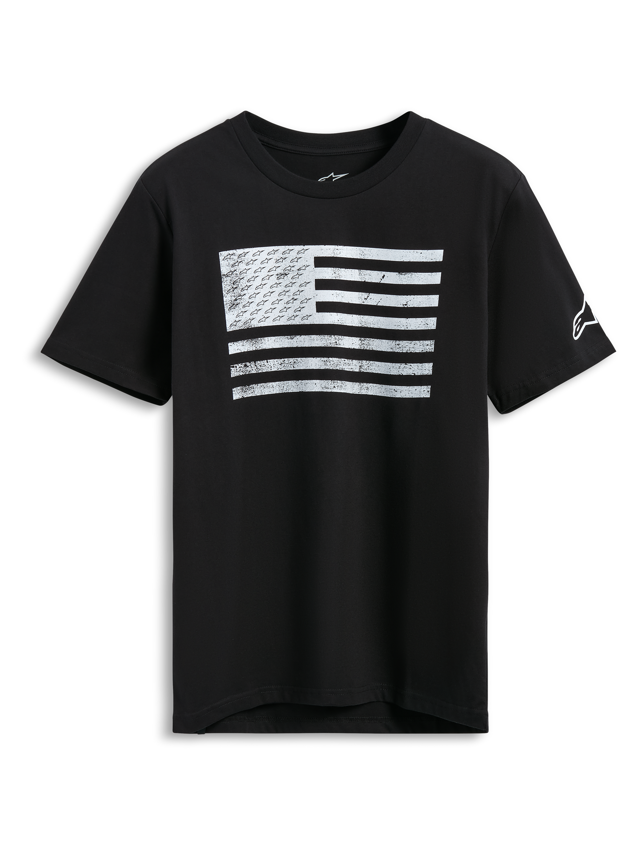 Alpinestars Waving CSF Tee, Short Sleeve T-Shirt, Black, White distressed waving flag graphic featuring A-star logos, casual motorsport streetwear