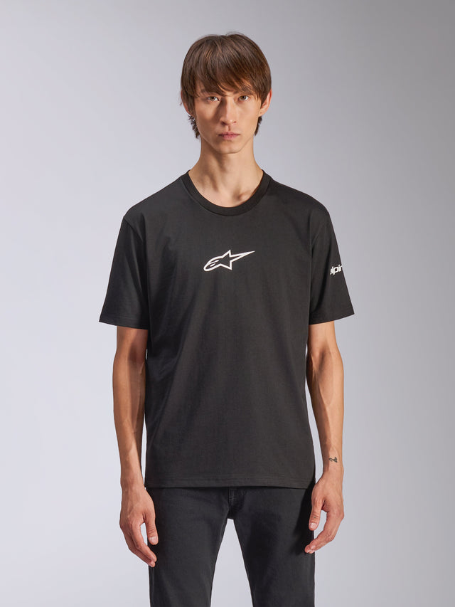 ```json
{
  "alt_text": "Alpinestars CSF Tee, Short Sleeve T-Shirt, Frontal View, White, Casual Motorsports Apparel"
}
```