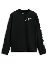 Alpinestars Trackside CSF Tee, Long Sleeve T-Shirt, Black, White Alpinestars logo on chest and graphic on sleeve, casual motorsport-inspired streetwear