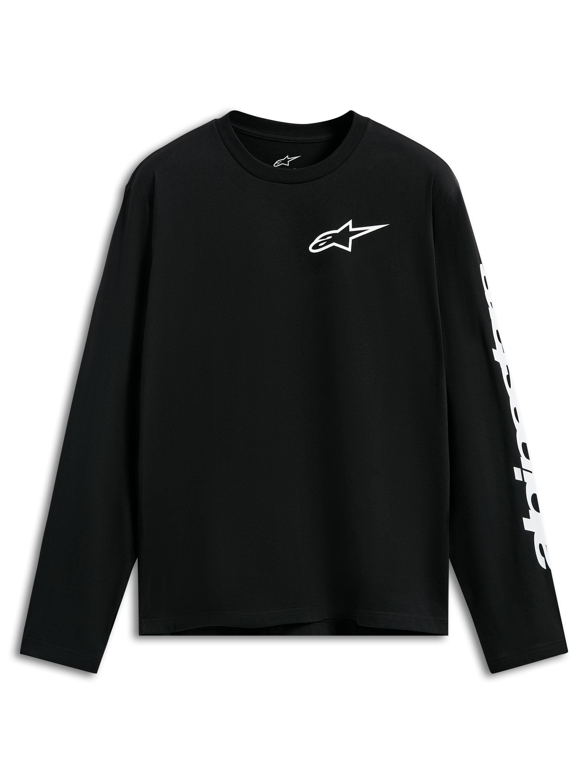 Alpinestars Trackside CSF Tee, Long Sleeve T-Shirt, Black, White Alpinestars logo on chest and graphic on sleeve, casual motorsport-inspired streetwear