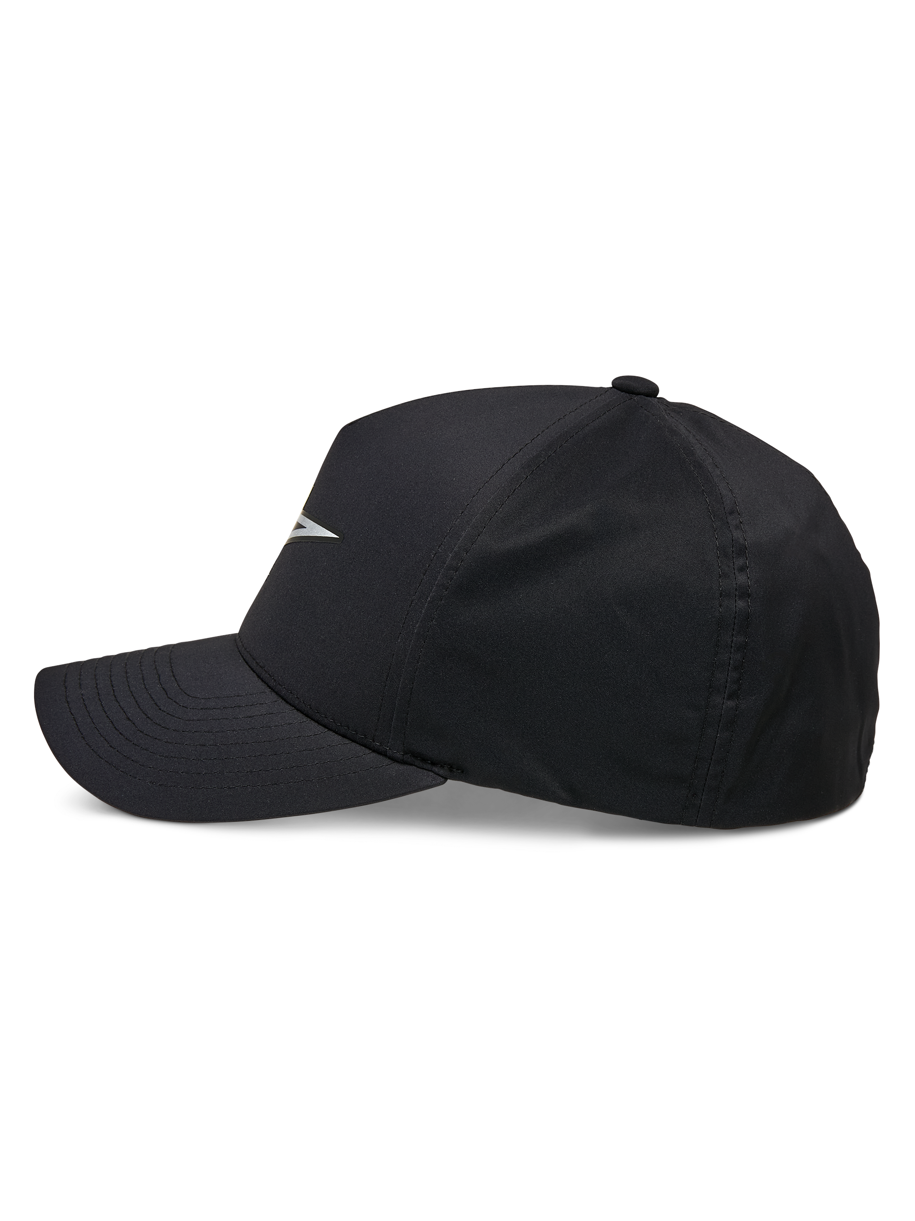 Alpinestars Ageless Reflex Waterproof Hat, Black, side profile view of a curved bill cap with a structured crown, featuring a reflective Astars logo and waterproof technical fabric, casual performance headwear
