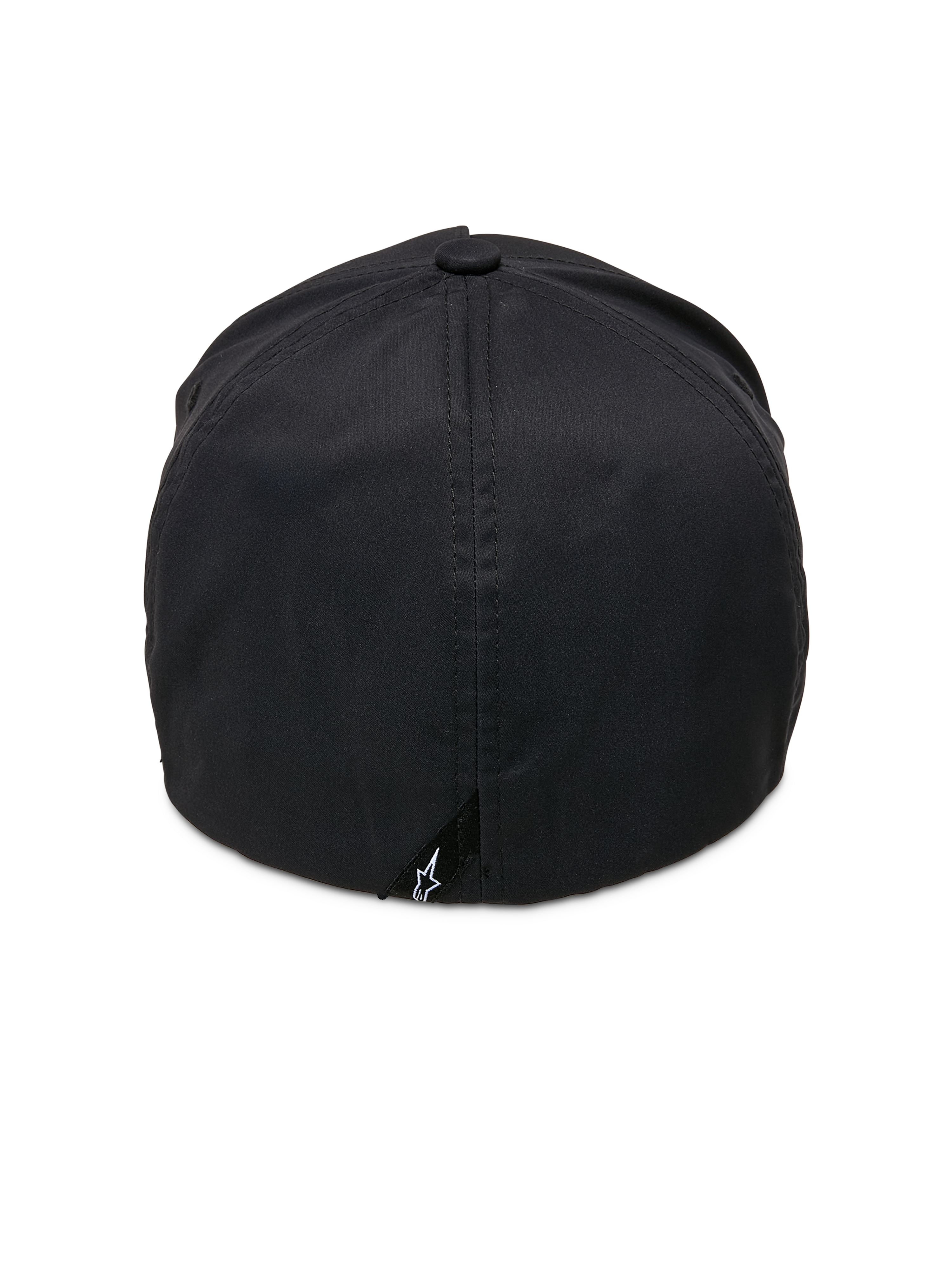 Alpinestars Ageless Reflex Waterproof Hat, Black, Back View, featuring flex-back construction, technical waterproof fabric, and a small black tag with the white Astars logo at the base.