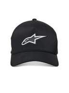 Alpinestars Ageless Reflex Waterproof Hat, Curved Bill Baseball Cap, Black, featuring a reflective silver Astars logo on the front, structured crown and technical waterproof fabric, front view