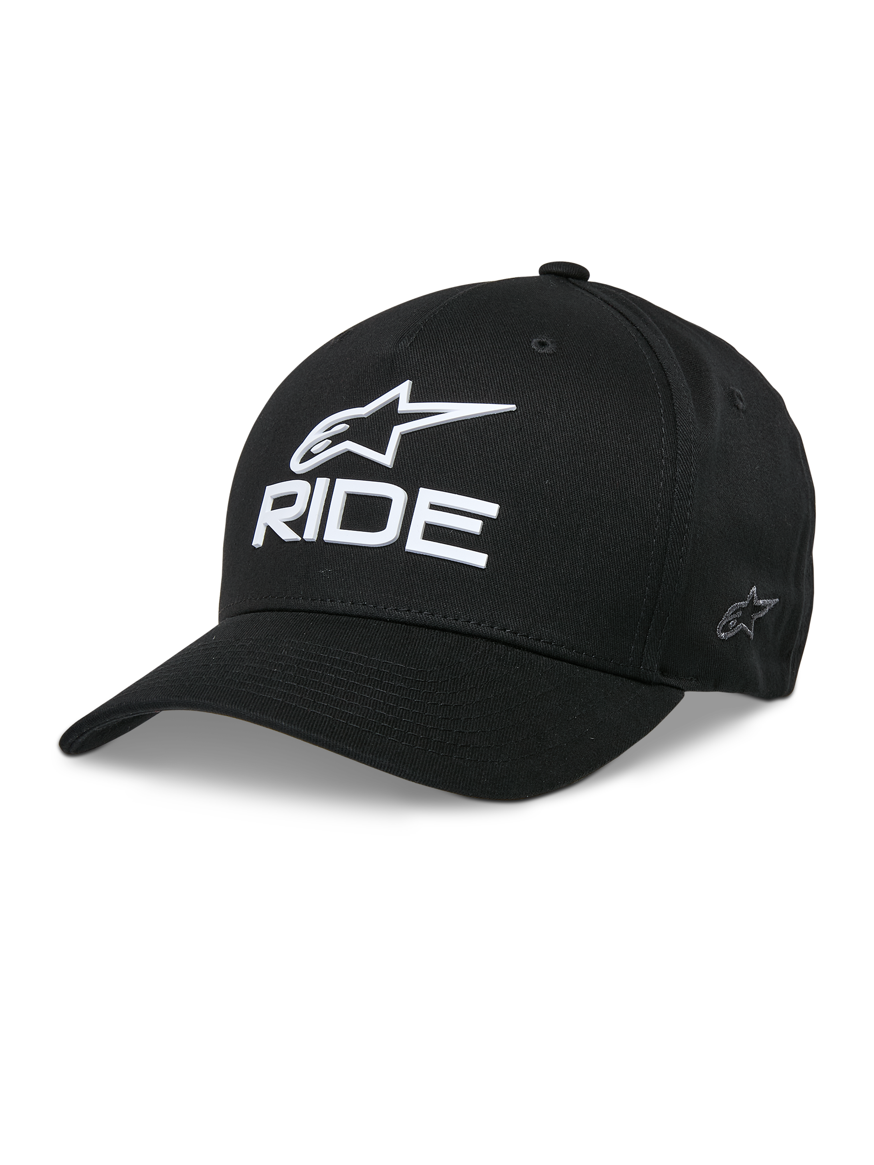 Alpinestars Ride Sonic Hat, Black Baseball Cap, White 3D Embroidered Star Logo and RIDE Text, Curved Bill, Structured Crown, Casual Motorsport Headwear
