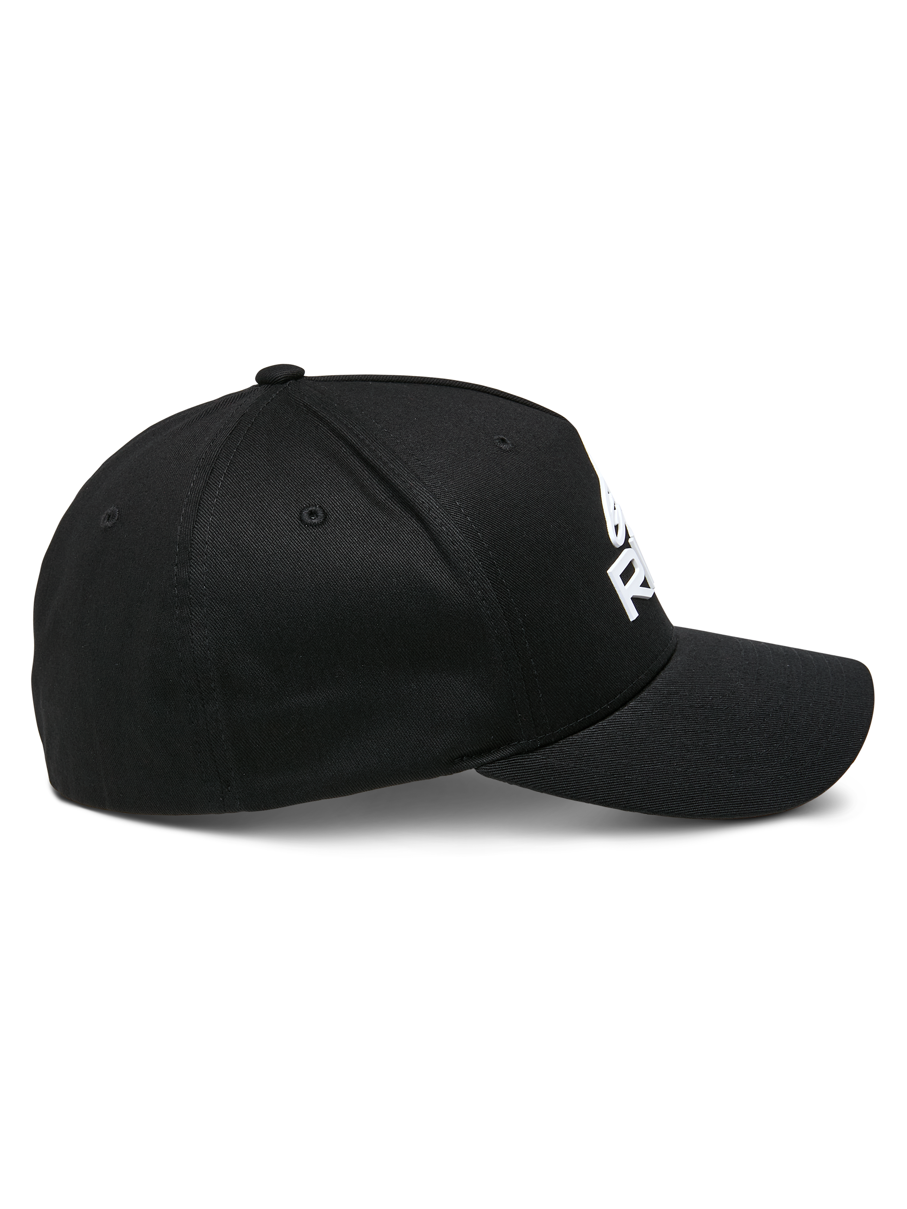 Alpinestars Ride Sonic Hat, side profile view, black with white 3D embroidered logo, curved bill, structured crown, stretch twill fabric, casual motorsport headwear