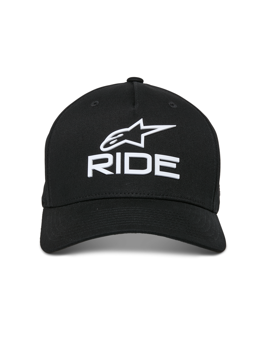 Alpinestars Ride Sonic Hat, Black, features white 3D embroidered logo with the Alpinestars star and 'RIDE' lettering, curved bill, structured crown, casual motorsport-inspired streetwear