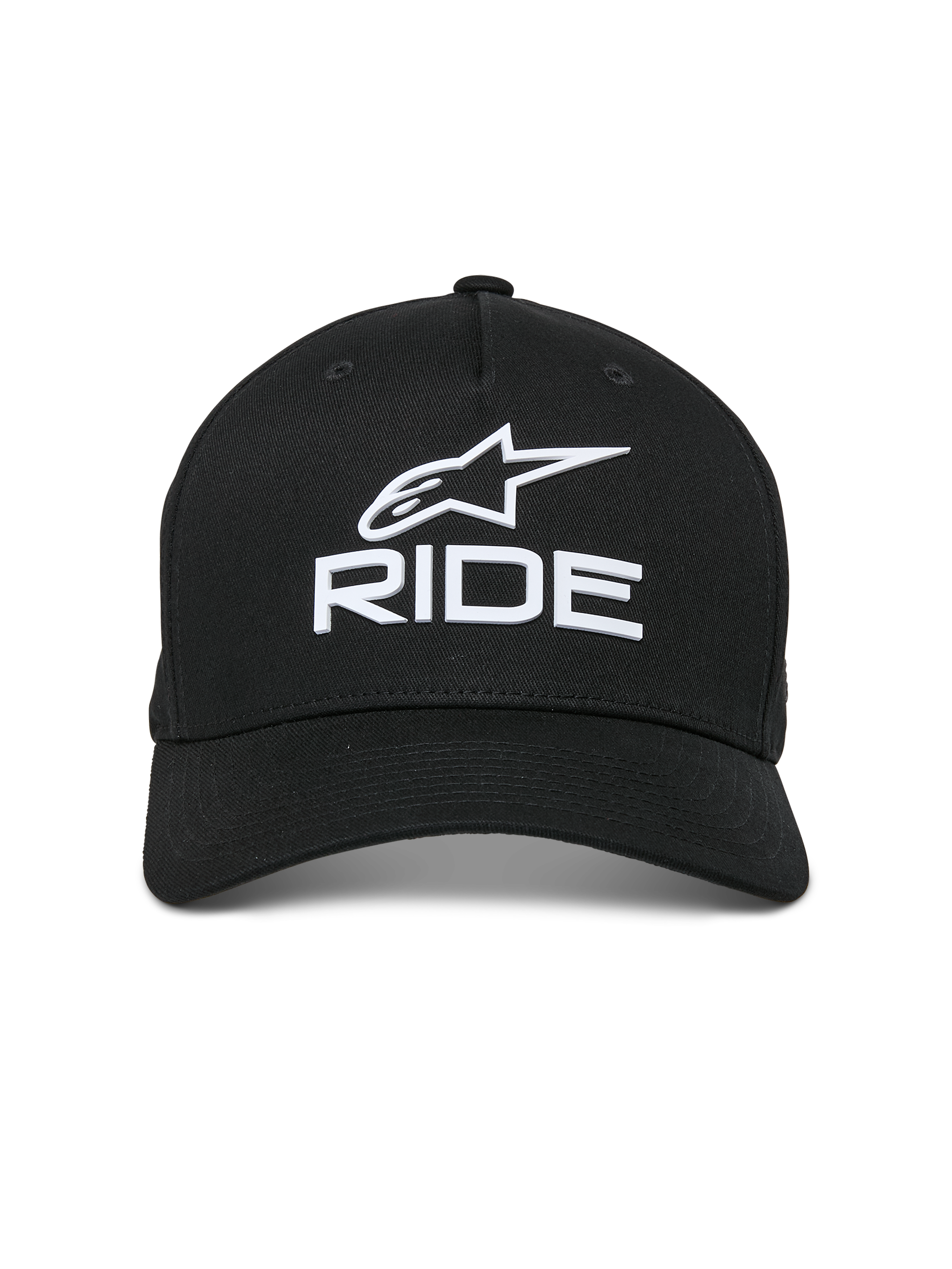 Alpinestars Ride Sonic Hat, Black, features white 3D embroidered logo with the Alpinestars star and 'RIDE' lettering, curved bill, structured crown, casual motorsport-inspired streetwear