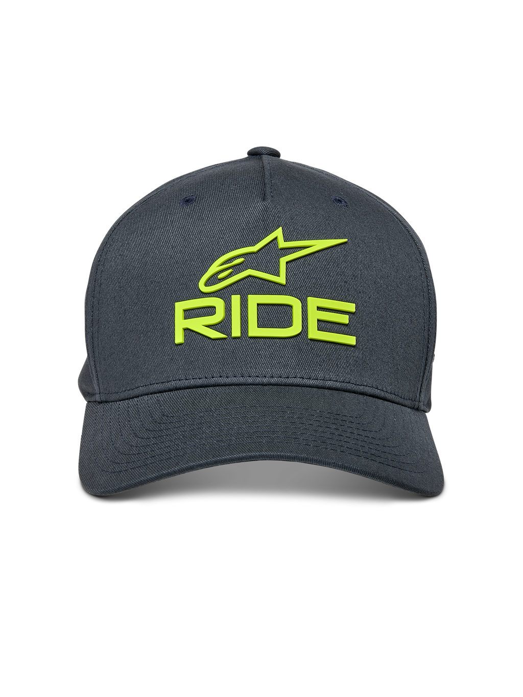 Alpinestars Ride Sonic Hat, Charcoal Grey with Hi-Vis Yellow, 3D embroidered Alpinestars logo and RIDE text, curved bill, structured crown, casual motorsport-inspired headwear