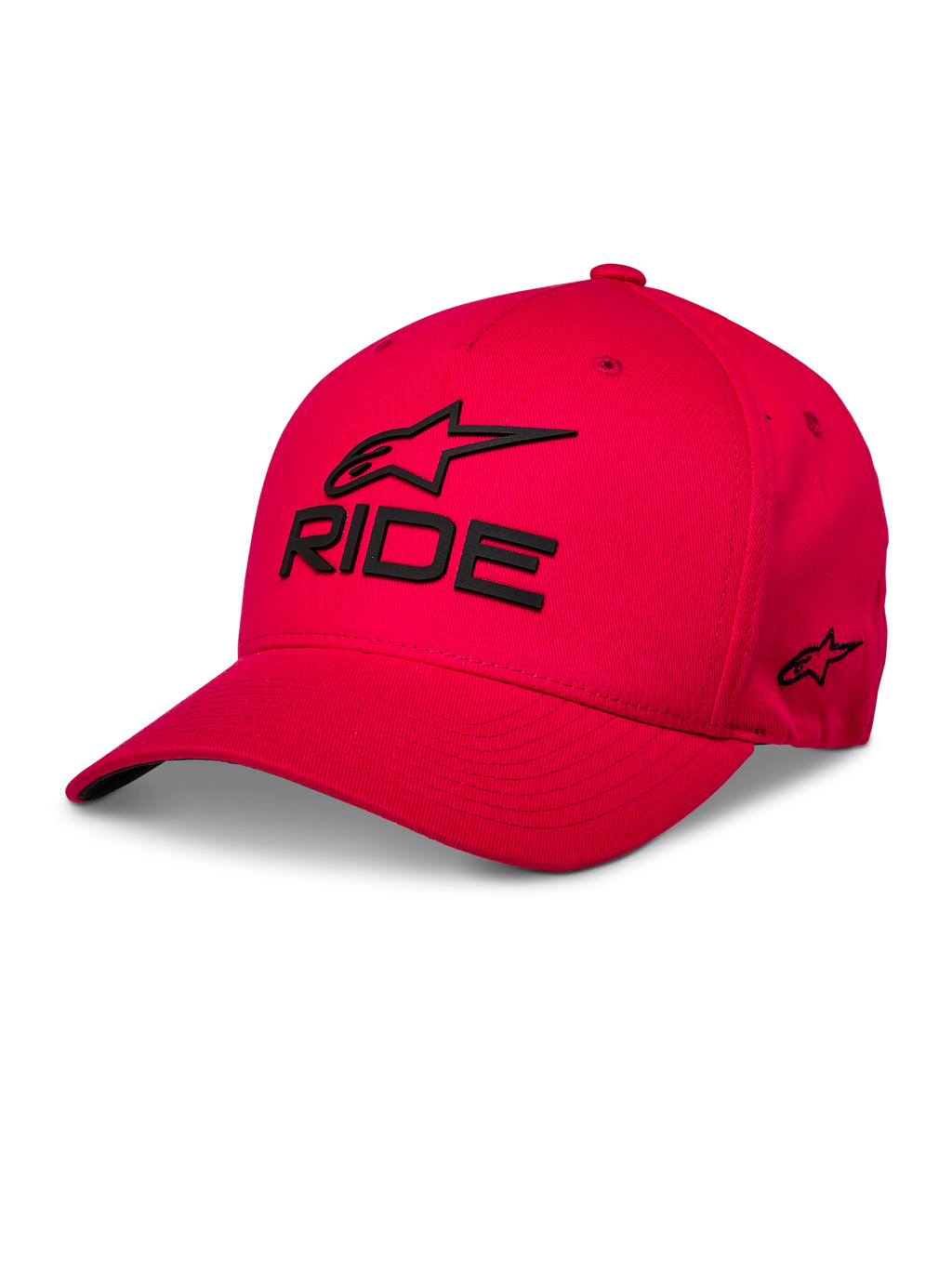 Alpinestars Ride Sonic Hat, Red Baseball Cap, Black 3D embroidered 'RIDE' and Alpinestars logo, curved brim, structured crown, casual motorsport streetwear