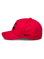 Alpinestars Ride Sonic Hat, Sportswear Cap, Red, Profile view featuring curved bill and structured crown, black 3D embroidered logo and star detail, casual motorsport-inspired design