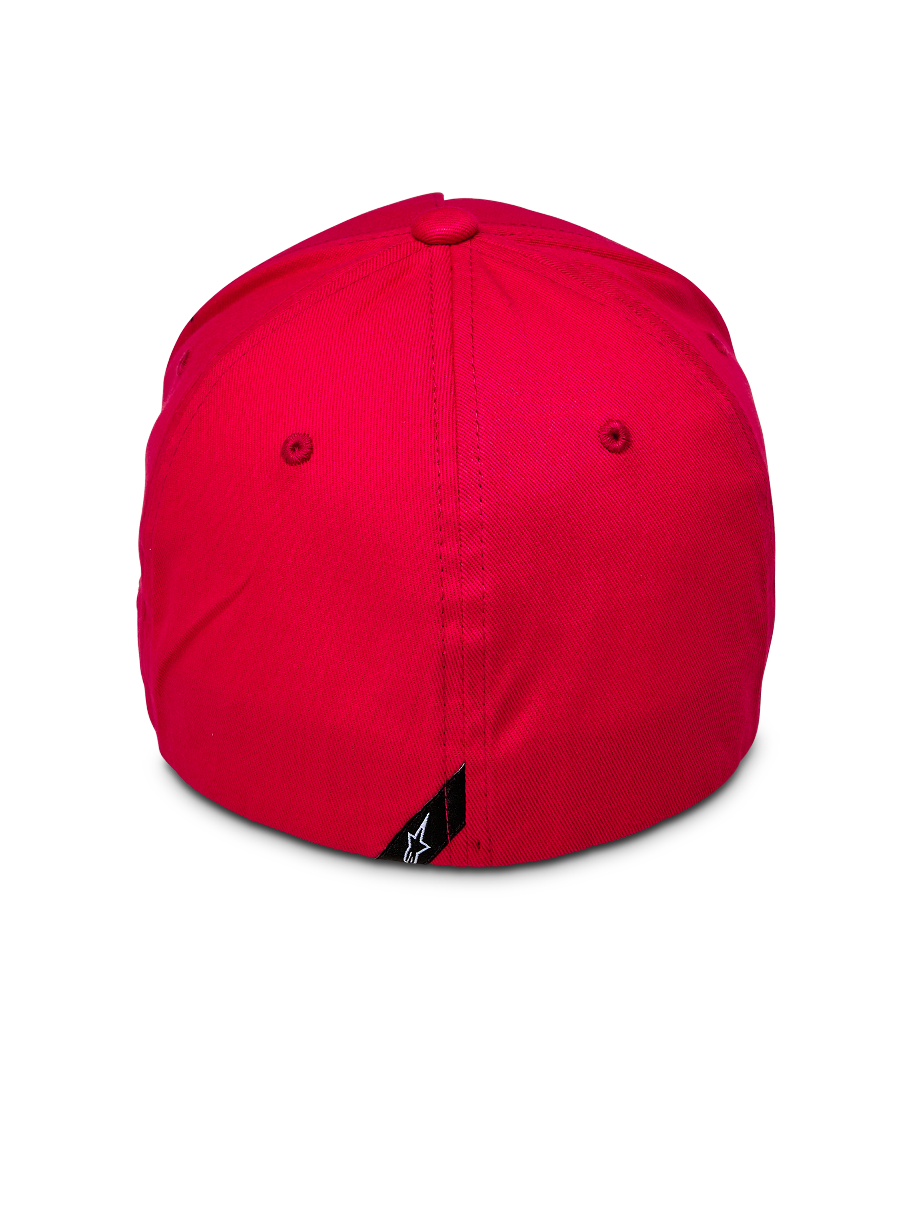 Alpinestars Ride Sonic Hat, back view of red baseball cap, structured crown with flex back design, small black tag with white Alpinestars star logo on the rear, casual red stretch twill headwear