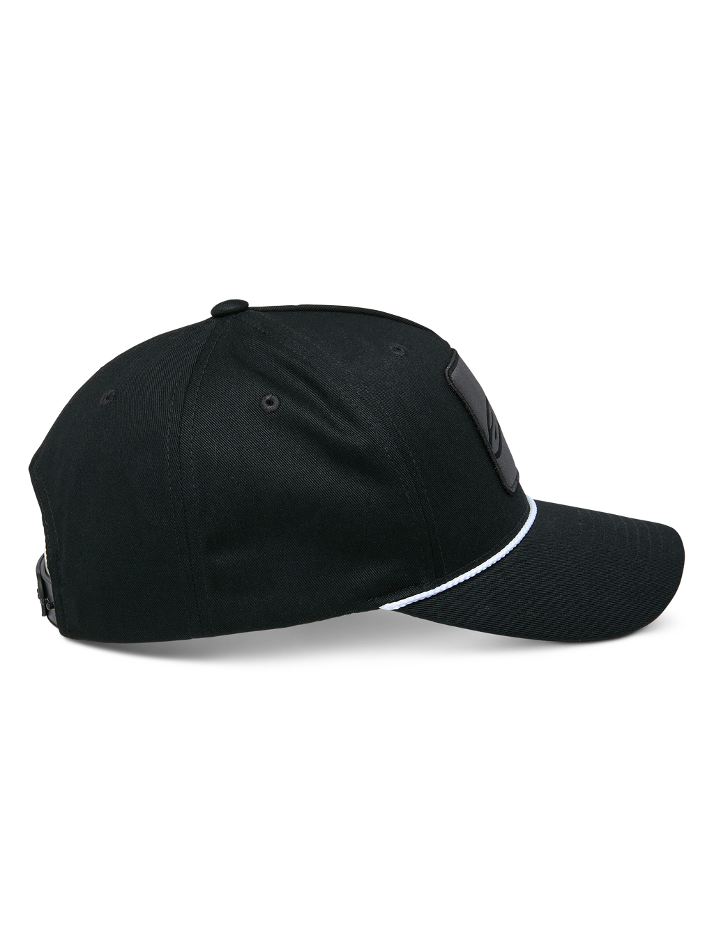 Alpinestars Specific Snapback Hat, Black, side profile view showing curved bill with white braided rope trim, structured crown, casual motorsport headwear