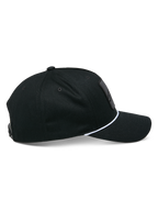 Alpinestars Specific Snapback Hat, Black, side profile view showing curved bill with white braided rope trim, structured crown, casual motorsport headwear