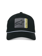 Alpinestars Specific Snapback Hat, Black, front multi-color Astars logo patch with grey and yellow details, white braided rope trim, curved bill, structured crown, casual streetwear