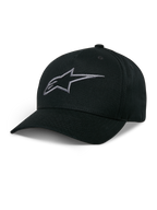 Alpinestars Ageless Snapback Hat, Black Baseball Cap with Charcoal Embroidered Star Logo, Curved Bill, Structured Crown, Casual Motorsport Headwear