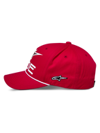 Alpinestars Ride Comp Snapback Hat, Red, Side Profile, White Embroidered Star Logo, Braided Rope Trim, Curved Bill, Casual Motorsport Sportswear