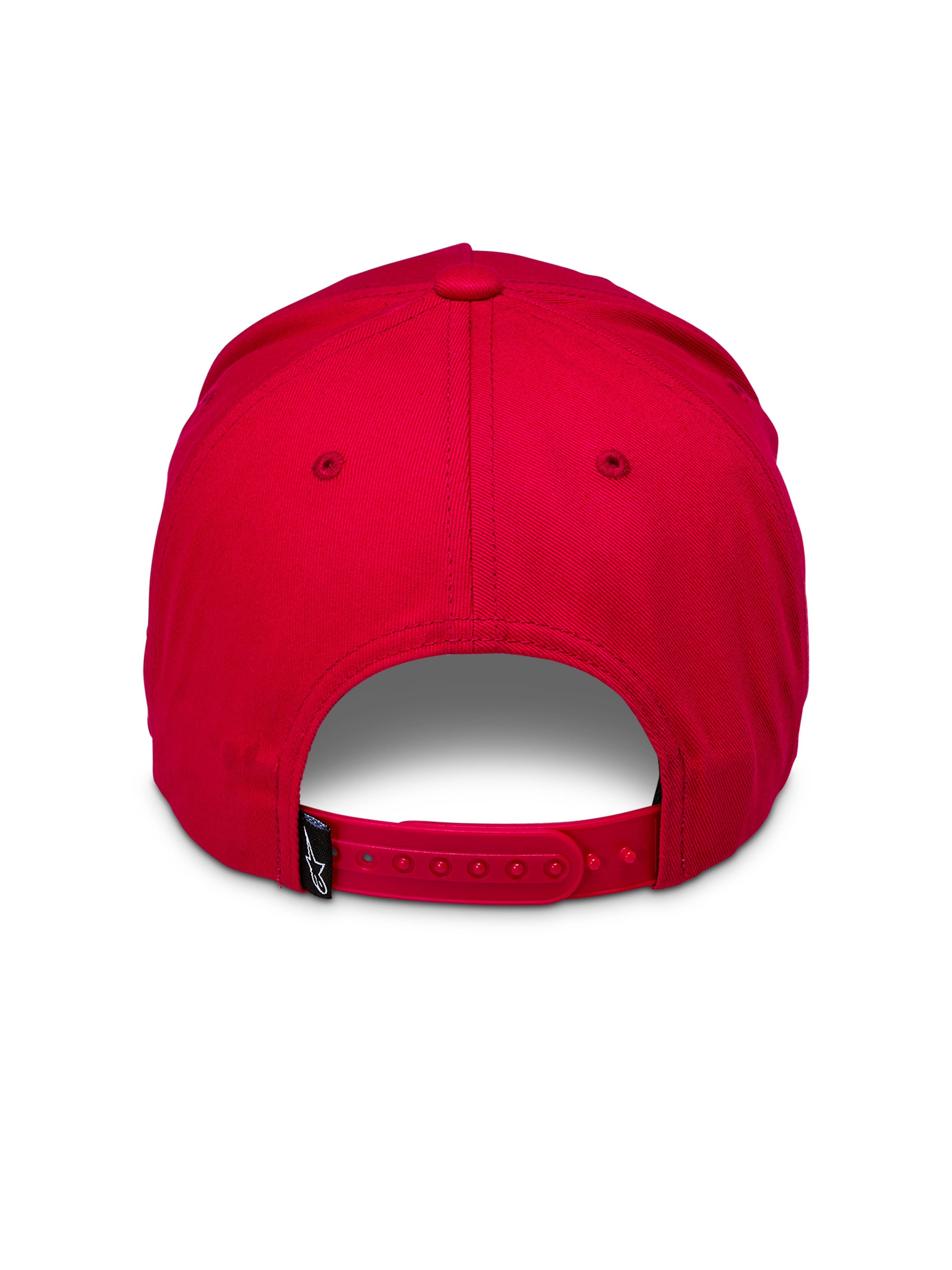 Alpinestars Ride Comp Snapback Hat, Red, back view featuring an adjustable red snapback closure and a small black woven tag with white logo, structured crown, casual headwear