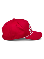 Alpinestars Ride Comp Snapback Hat, Red, side profile view, curved bill with white braided rope trim, structured crown with white Astars Ride logo, casual motorsport headwear