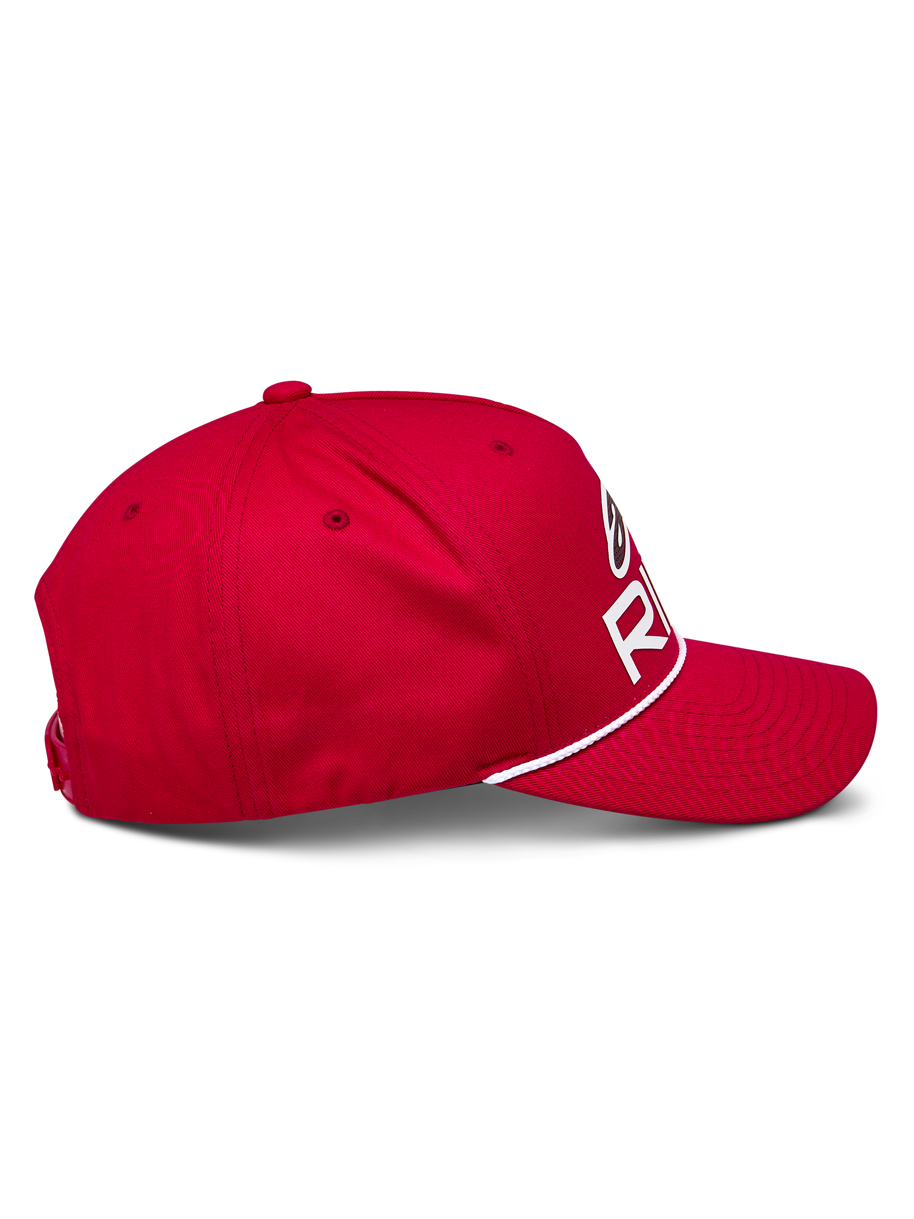 Alpinestars Ride Comp Snapback Hat, Red, side profile view, curved bill with white braided rope trim, structured crown with white Astars Ride logo, casual motorsport headwear