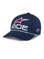 Alpinestars Ride Comp Snapback Hat, Navy Blue Baseball Cap, White RIDE and Red Star Logo, Curved Brim with White Braided Rope, Casual Motorsport Headwear