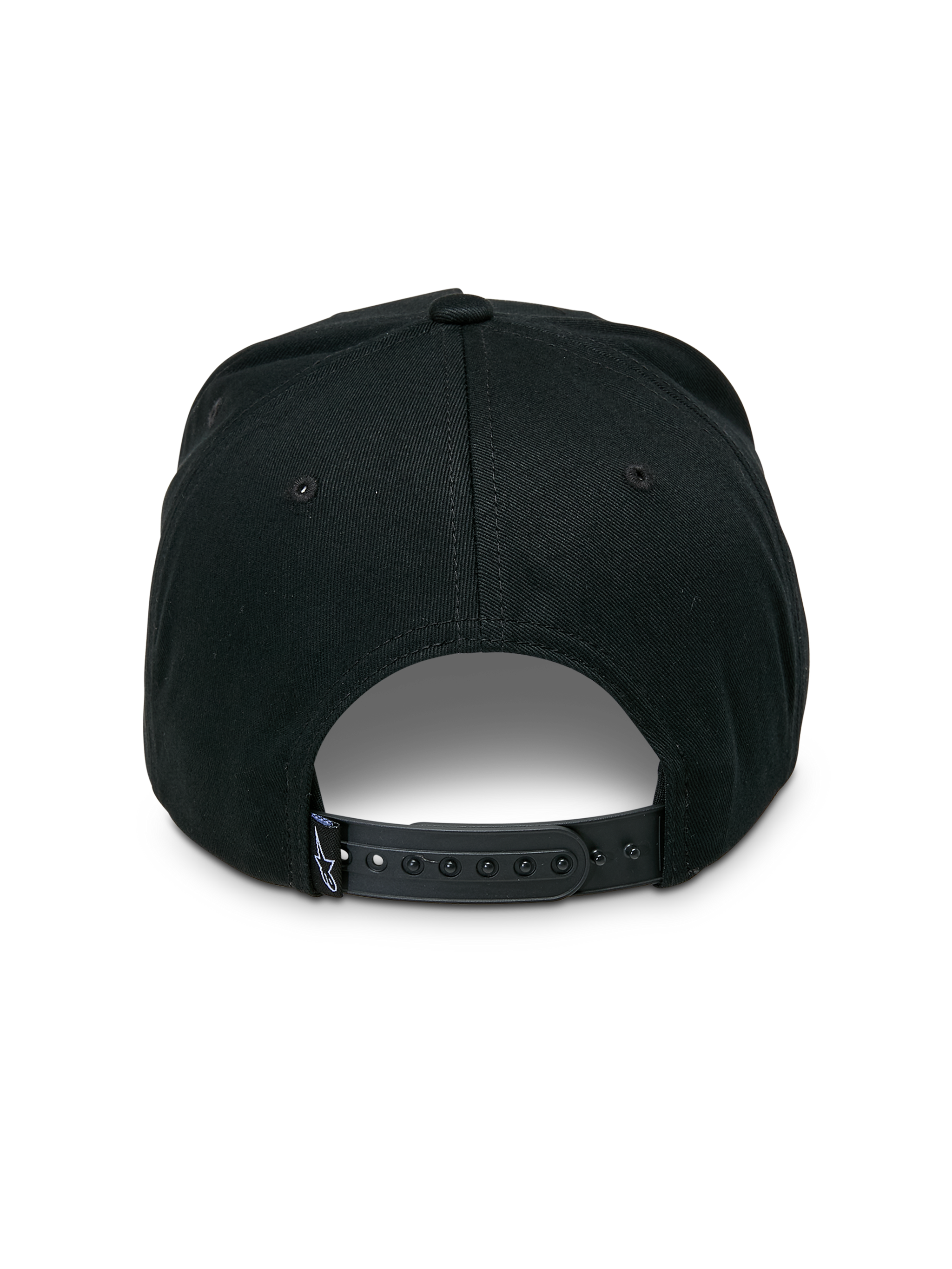 Alpinestars Promptus Snapback Hat, rear view, Black, adjustable plastic snapback closure, small woven Astars logo tag on strap, structured crown, casual motorsport-inspired streetwear
