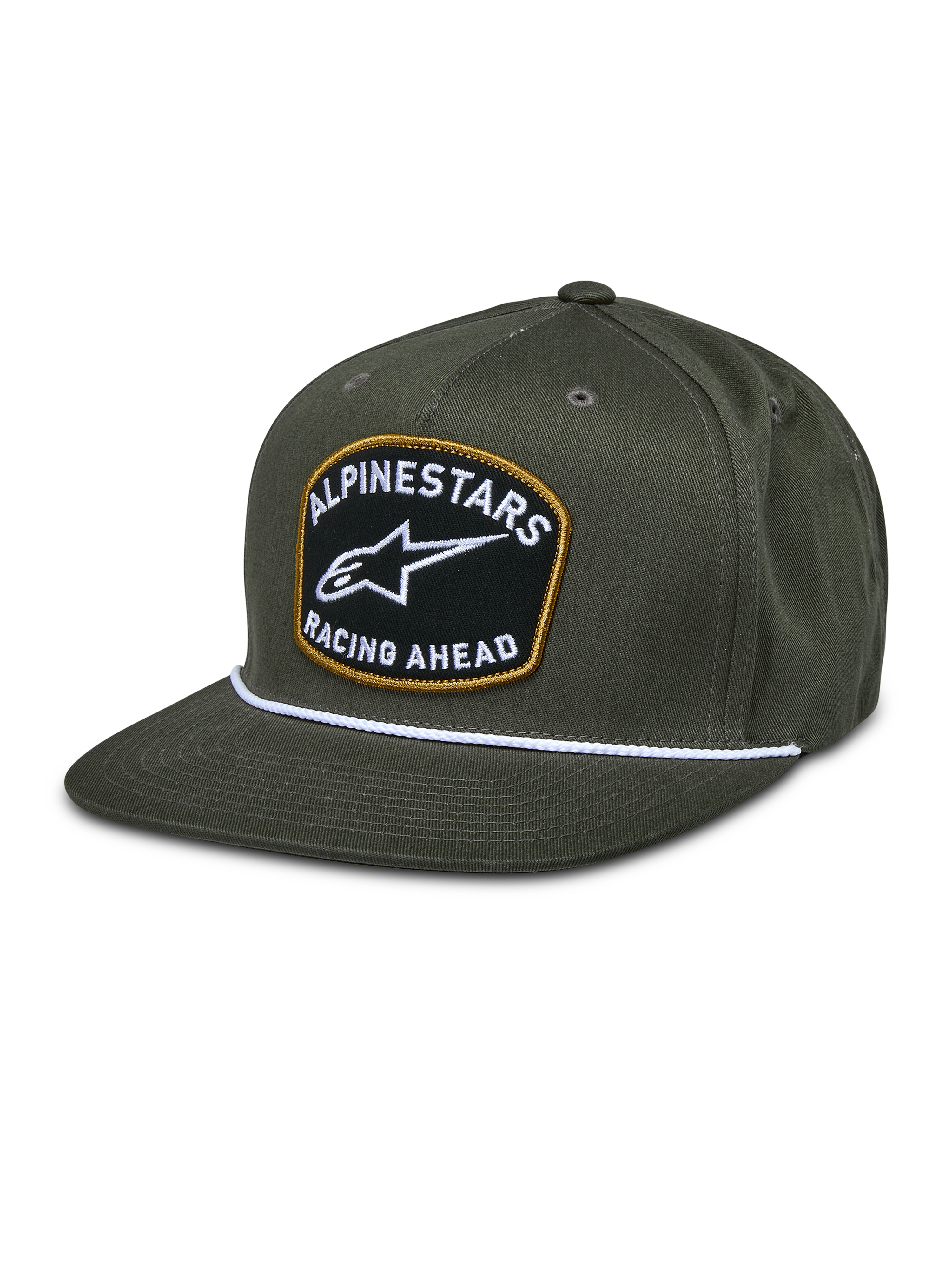 Alpinestars Promptus Snapback Hat, Military Green, Flat Bill with White Braided Rope Detail, Black Embroidered Patch with Gold Outline, White ALPINESTARS RACING AHEAD Logo, Casual Motorsport Lifestyle Headwear