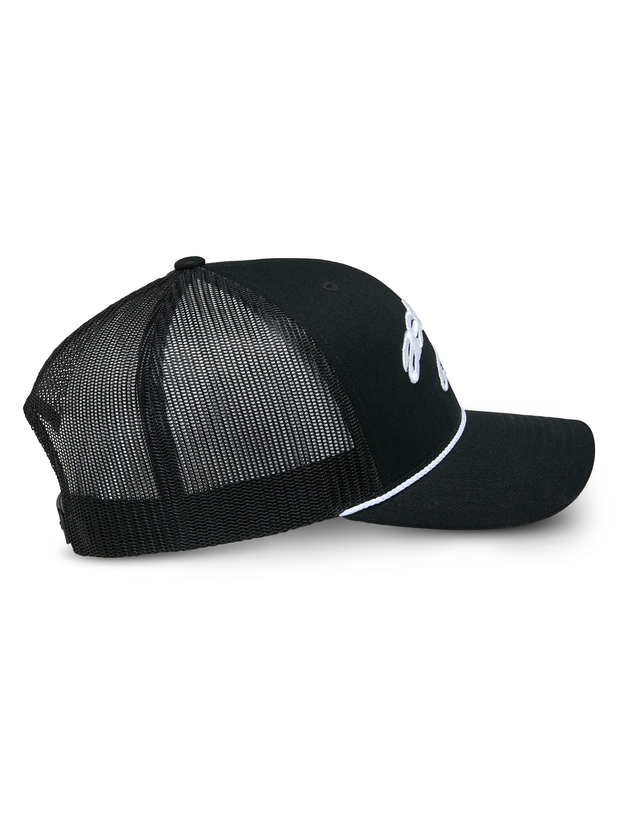 Alpinestars Agree Trucker Hat, Black, side profile view showing black mesh back and twill front panels, white braided rope accent, curved bill, casual motorsport streetwear