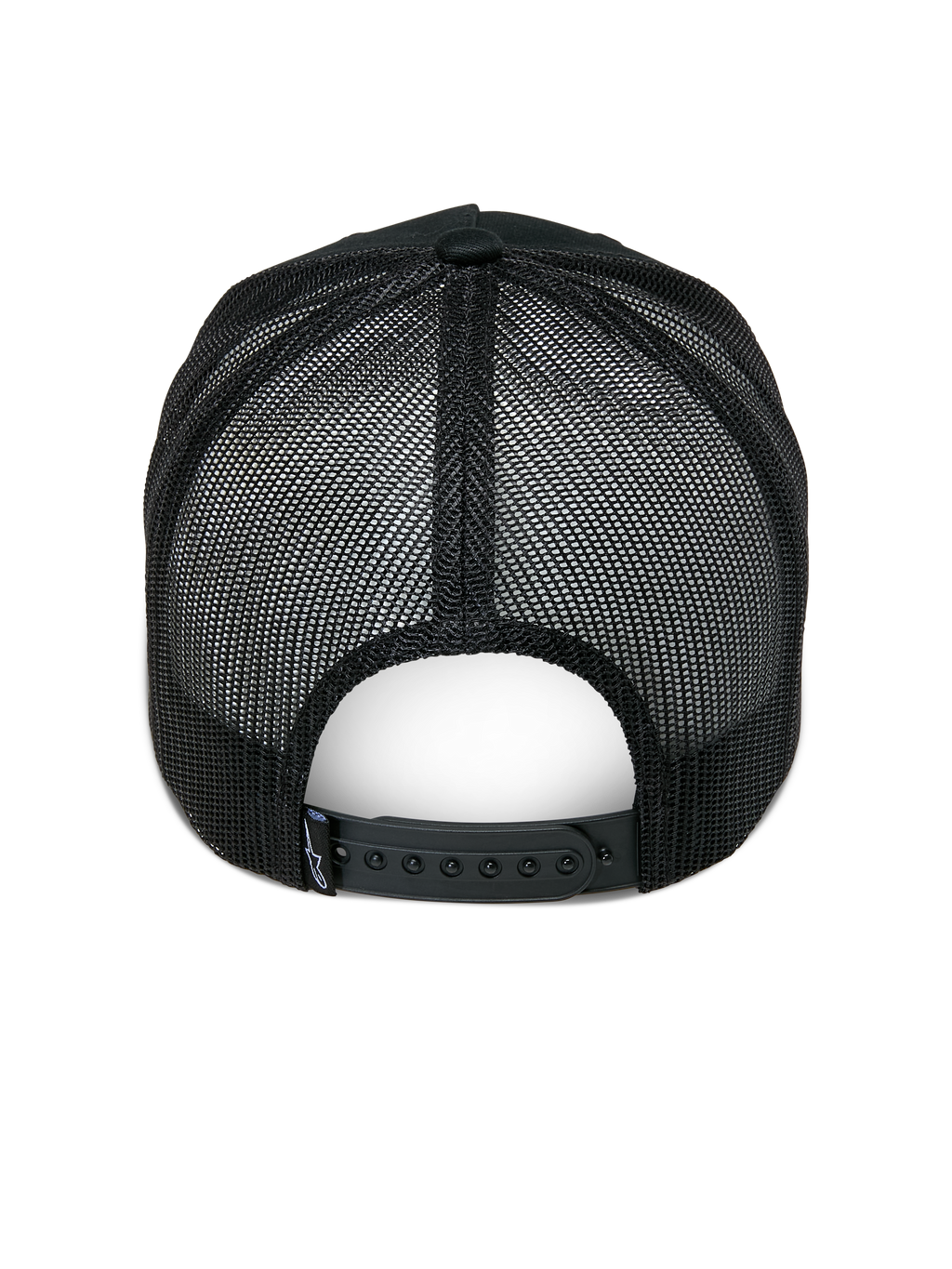 Alpinestars Ageless Trucker Hat, Black, Rear View, featuring black mesh back panels, adjustable snapback closure, and small Astars logo label on the back, casual motorsport-inspired headwear