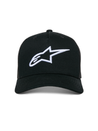 Alpinestars Ageless Trucker Hat, Casual Trucker Cap, Black with White 3D Embroidered Astars Logo, featuring a curved bill and mesh back panels, motorsport-inspired streetwear