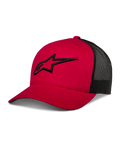 Alpinestars Ageless Trucker Hat, Red and Black, Mesh Back Baseball Cap, Curved Brim, 3D Embroidered Black Astars Logo, Structured Crown, Casual Motorsport Sportswear