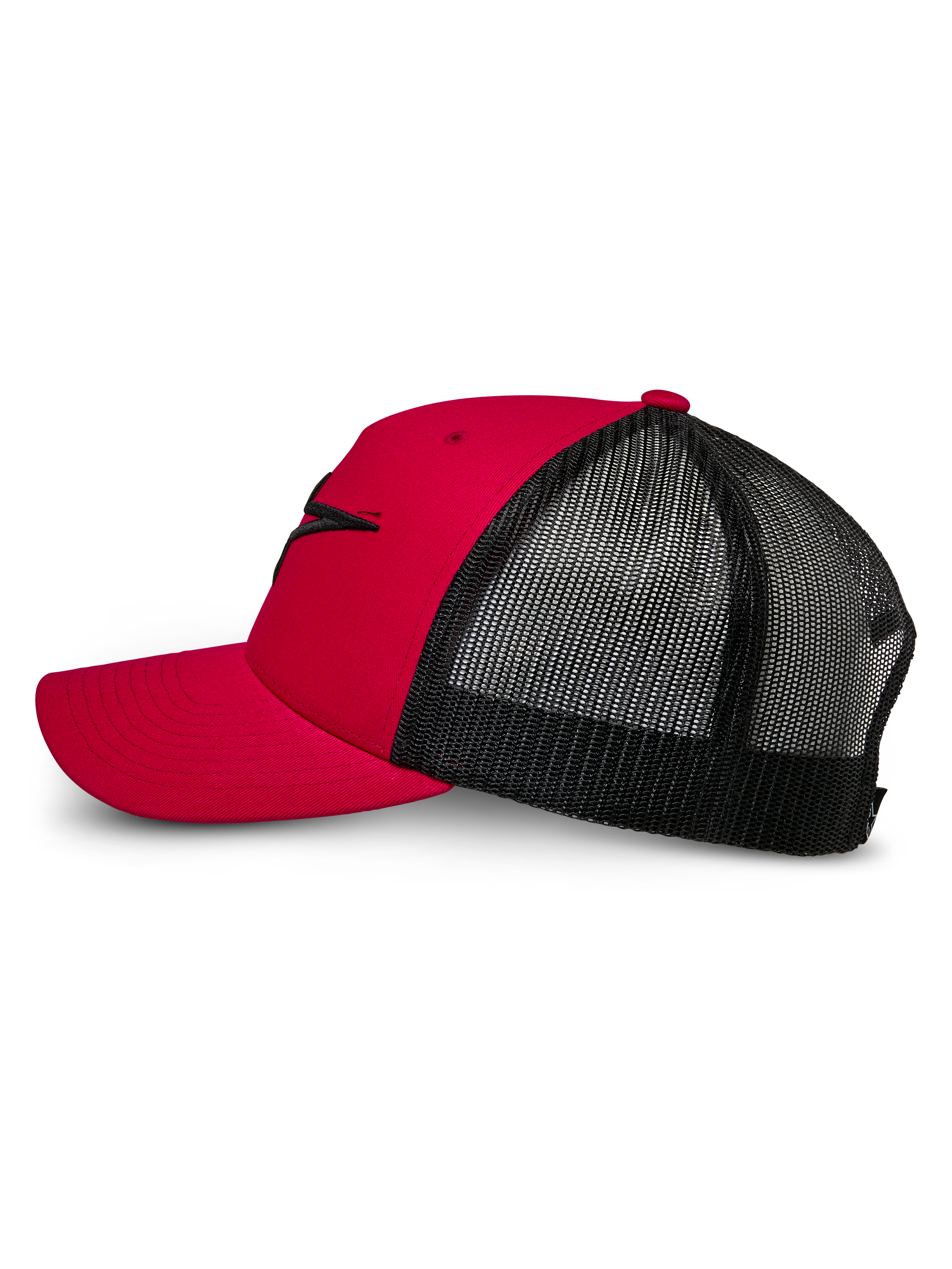 Alpinestars Ageless Trucker Hat, Red and Black, side view featuring curved bill and structured front with black 3D embroidered Astars logo, black mesh back for breathability, classic motorsport-inspired design