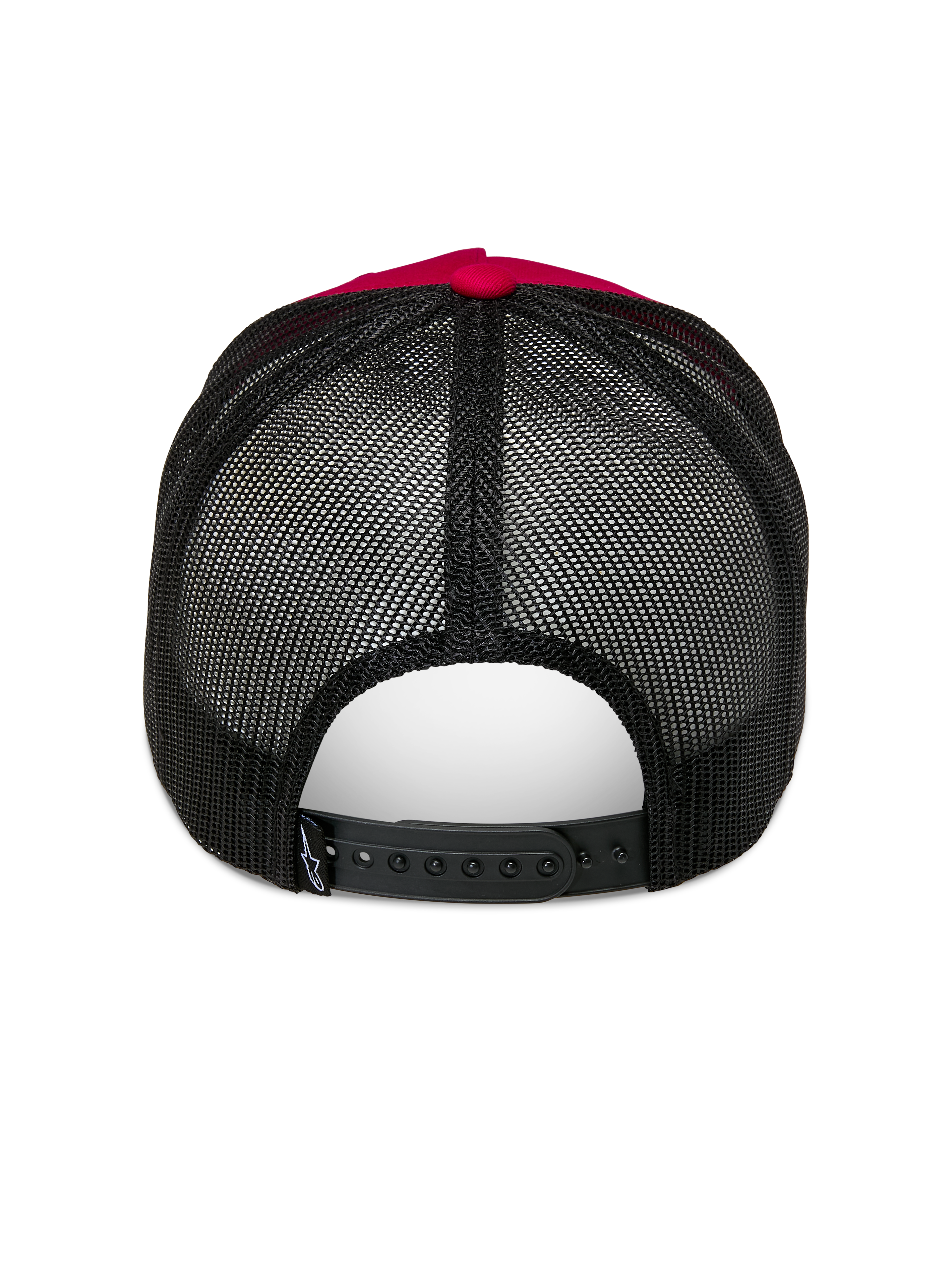 Alpinestars Ageless Trucker Hat, Red and Black, Rear view featuring black poly mesh back and adjustable snapback closure, Red top button and crown detail, Casual Motorsport Headwear