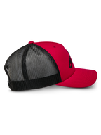 Alpinestars Ageless Trucker Hat, Red and Black, side profile view showing red structured front and curved bill with black breathable mesh back panels, casual motorsport-inspired headwear