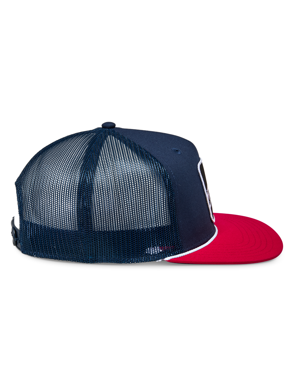 Alpinestars Control Trucker Hat, Navy and Red, Side profile view showing navy twill front and mesh back panels, flat red bill with white braided rope detail, casual motorsport-inspired headwear