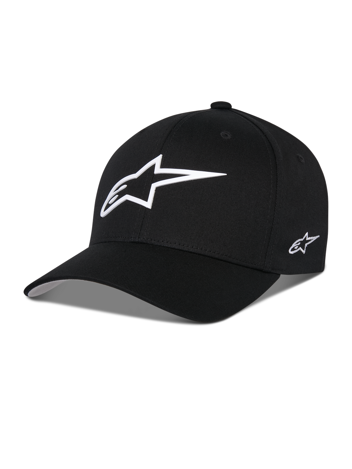 Alpinestars Ageless Multi Hat, Black Baseball Cap, featuring a large white 3D star logo on the front and a small embroidered logo on the side, curved brim, structured crown, casual motorsport-inspired headwear