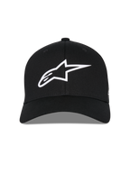 Alpinestars Ageless Multi Hat, Black Baseball Cap, Front View, White 3D Astars Logo, Curved Bill, Structured Crown, Casual Sportswear